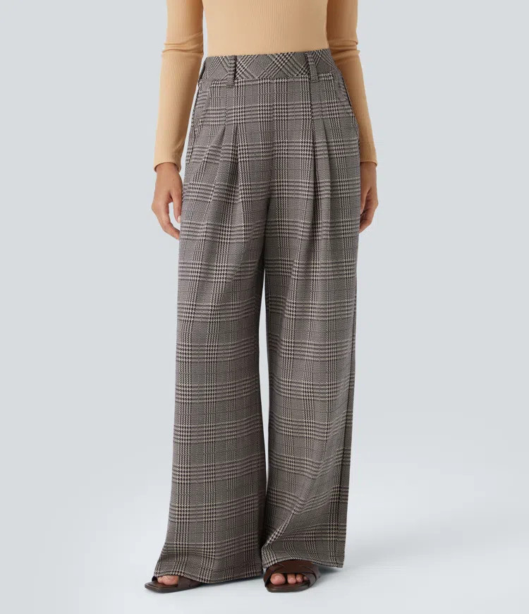 Women’s High Waisted Side Pocket Wide Leg Houndstooth Plaid Casual Pants - Halara | HALARA