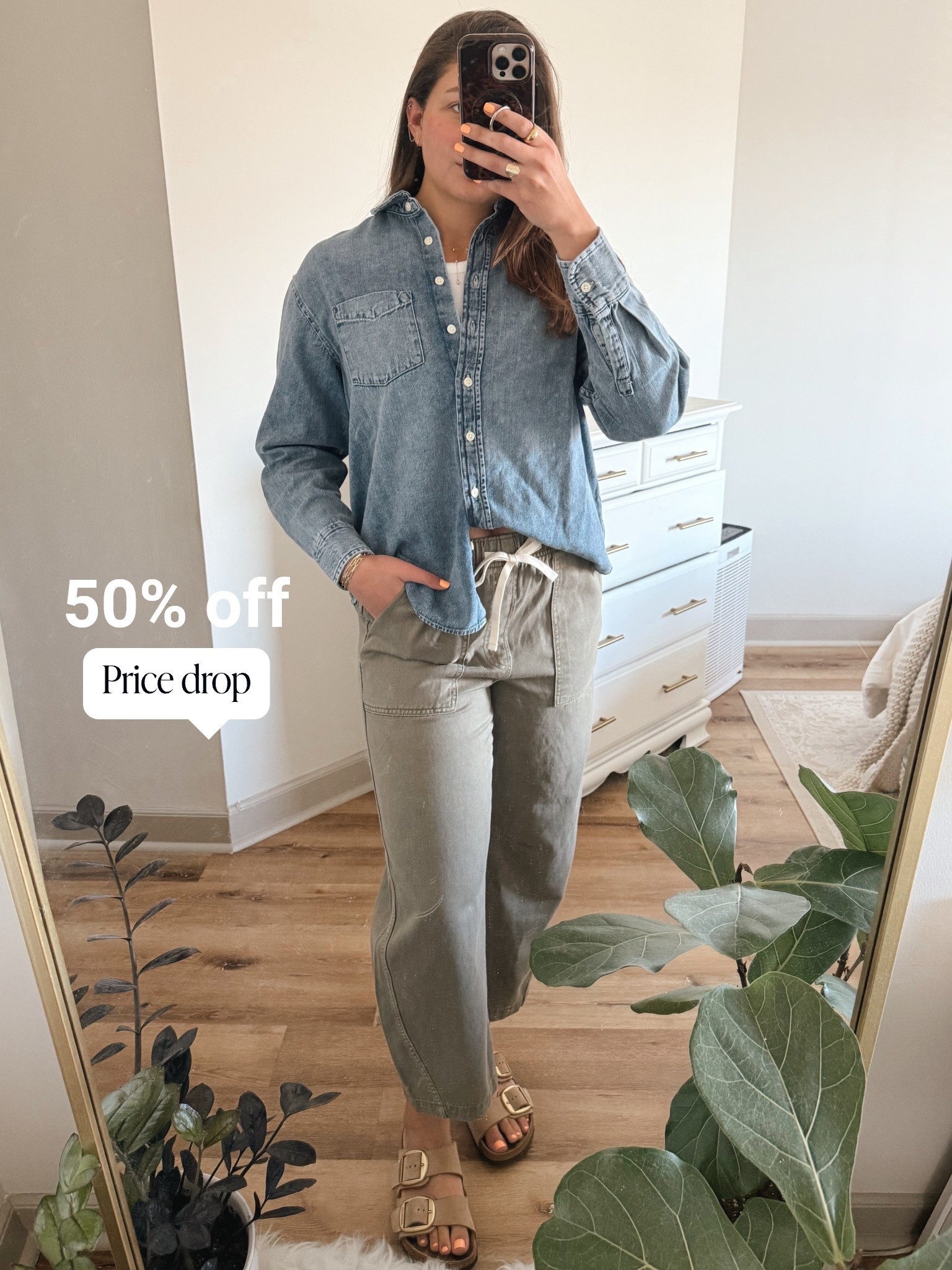 Shop 50% off this outfit! 
Wearing size M in both the denim shirt and green pull-on barrel pants

gap | Abercrombie | Birkenstock | spring outfit | travel outfit | work outfit | casual outfit 

#LTKFindsUnder50 #LTKWorkwear #LTKSpringSale