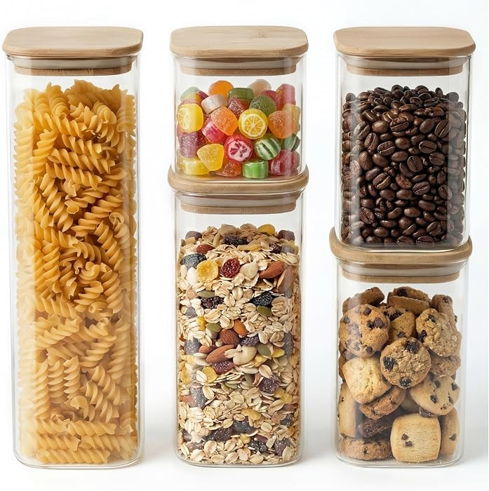 Square Glass Pasta Storage Containers, Set of 5, Pantry Organization & Storage Jars with Bamboo L... | Amazon (US)