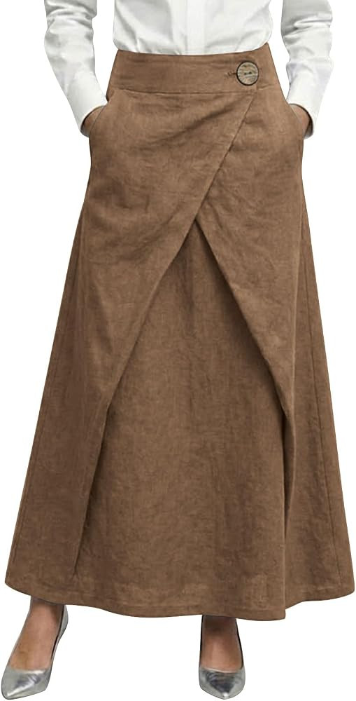 Womens Wrap Maxi Skirt High Waisted A Line Long Bottom with Pockets Casual Western Cotton Linen B... | Amazon (US)