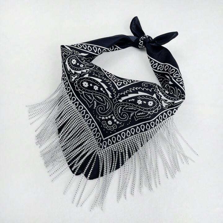 1pc Women's Bohemian Style Fringed Bandana With Rhinestone Decor Tassel Scarf For Party Wedding H... | SHEIN
