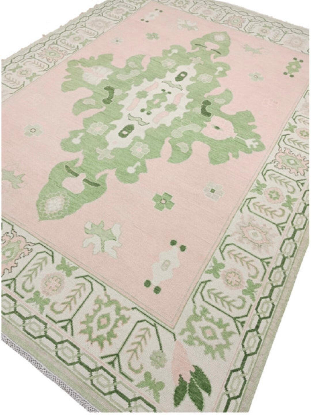Pink, Ivory & Green Hand Knotted Oushak Rug Handmade Turkish Knot Woollen Rug Homr Decor Floor Ru... | Etsy (US)