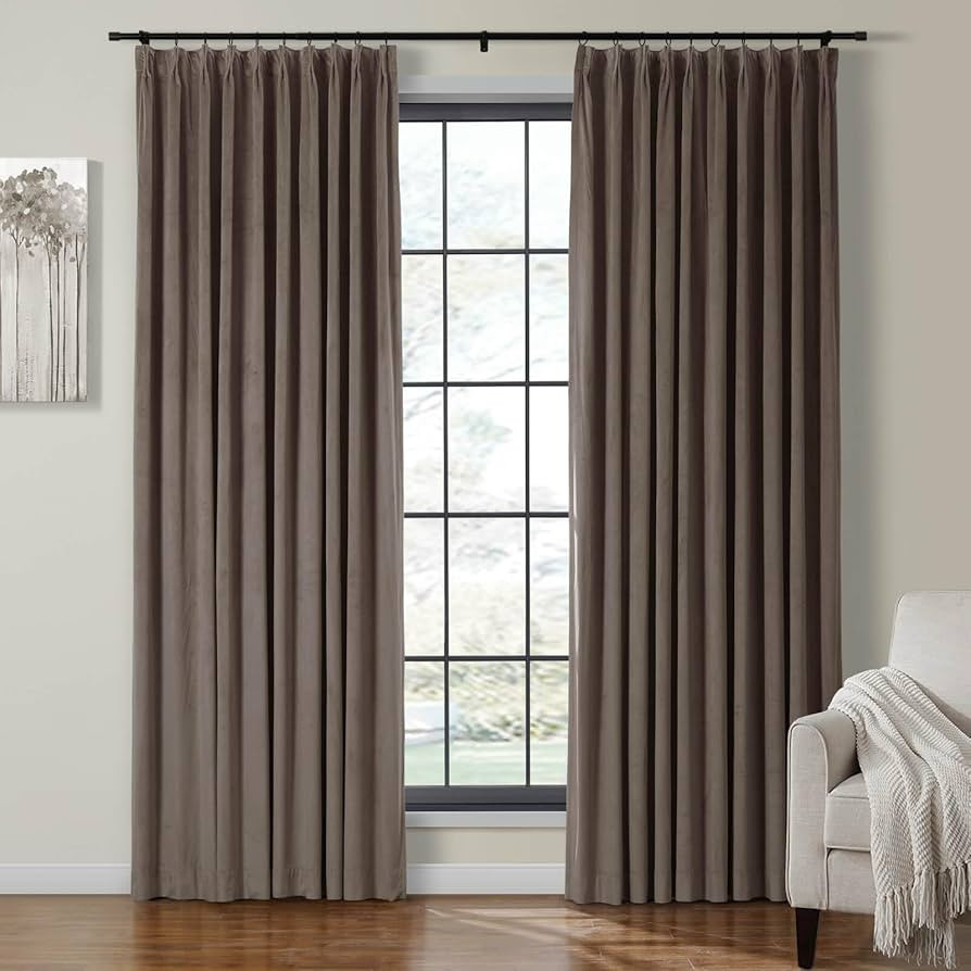 Drapifytex 96 Inches Long Solid Color Velvet Lined Window Curtain, Room Darkening Thermal Insulated Pinch Pleat Curtain for Living Room Ceiling Track (Brown,1 Panel) | Amazon (US)