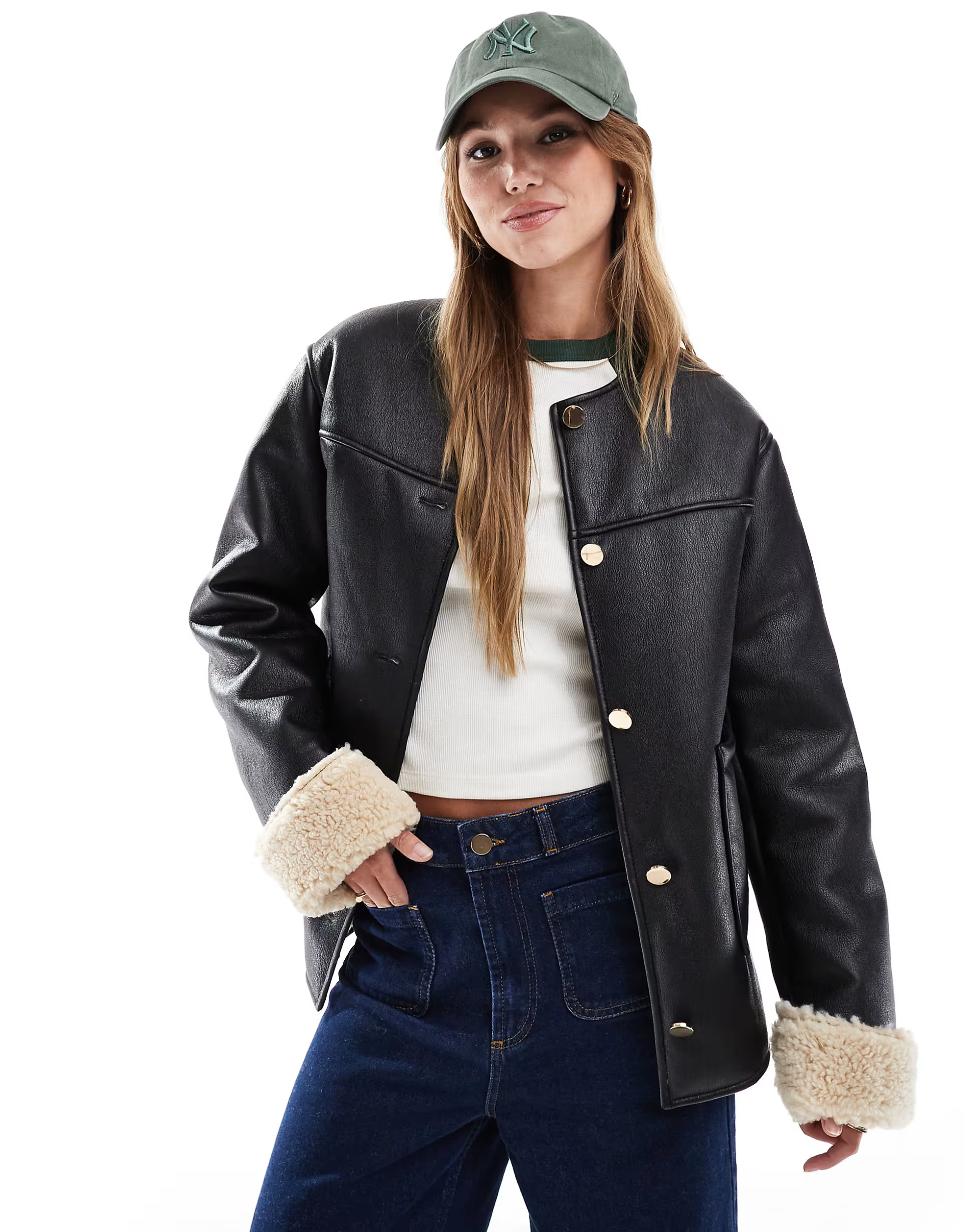 ASOS DESIGN collarless borg bonded jacket in black | ASOS | ASOS (Global)