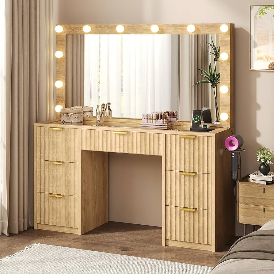 47" Fluted Vanity Desk with Large 42" Mirror & Lights, Wood Big Makeup Vanity w/Glass Top, Chargi... | Amazon (US)