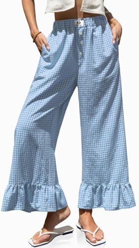 TARSE Womens Gingham Wide Leg Pants High Waist Ruffle Hem Trousers | Amazon (US)