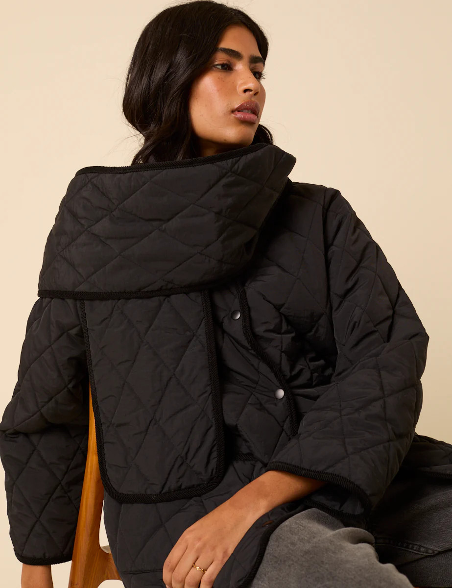 Black Quilted Detachable Scarf Coat | Nobody's Child