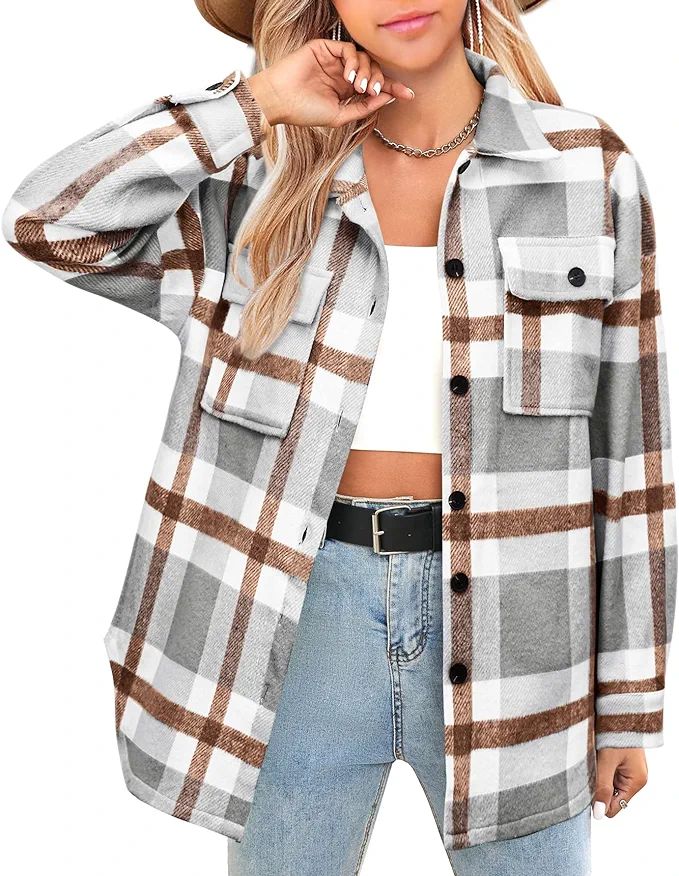 Beaully Women's Brushed Plaid Shirts Long Sleeve Flannel Lapel Button Down Pocketed Shacket Jacke... | Amazon (US)