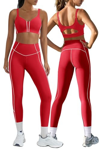 Nirovien Red Workout Set Two Piece Athletic Yoga Sets Gym Outfits Striped Leggings and Sports Bra Active Wear Sets(Red,M) | Amazon (US)