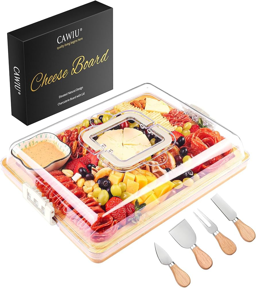 Charcuterie Board with Lid and Handle - Portable Travel Design Bamboo Cheese Board Set with 4 Cheese Tools, Gift for Housewarming, Weddings, Picnics (1 Compartment, White) | Amazon (US)