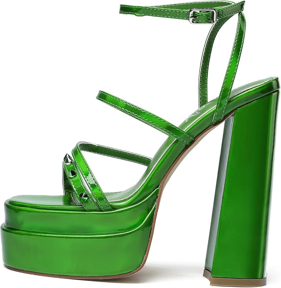 vivianly Open Toe Platform Heels Spikes Ankle Strap Sandals Block High Heels for Women | Amazon (US)
