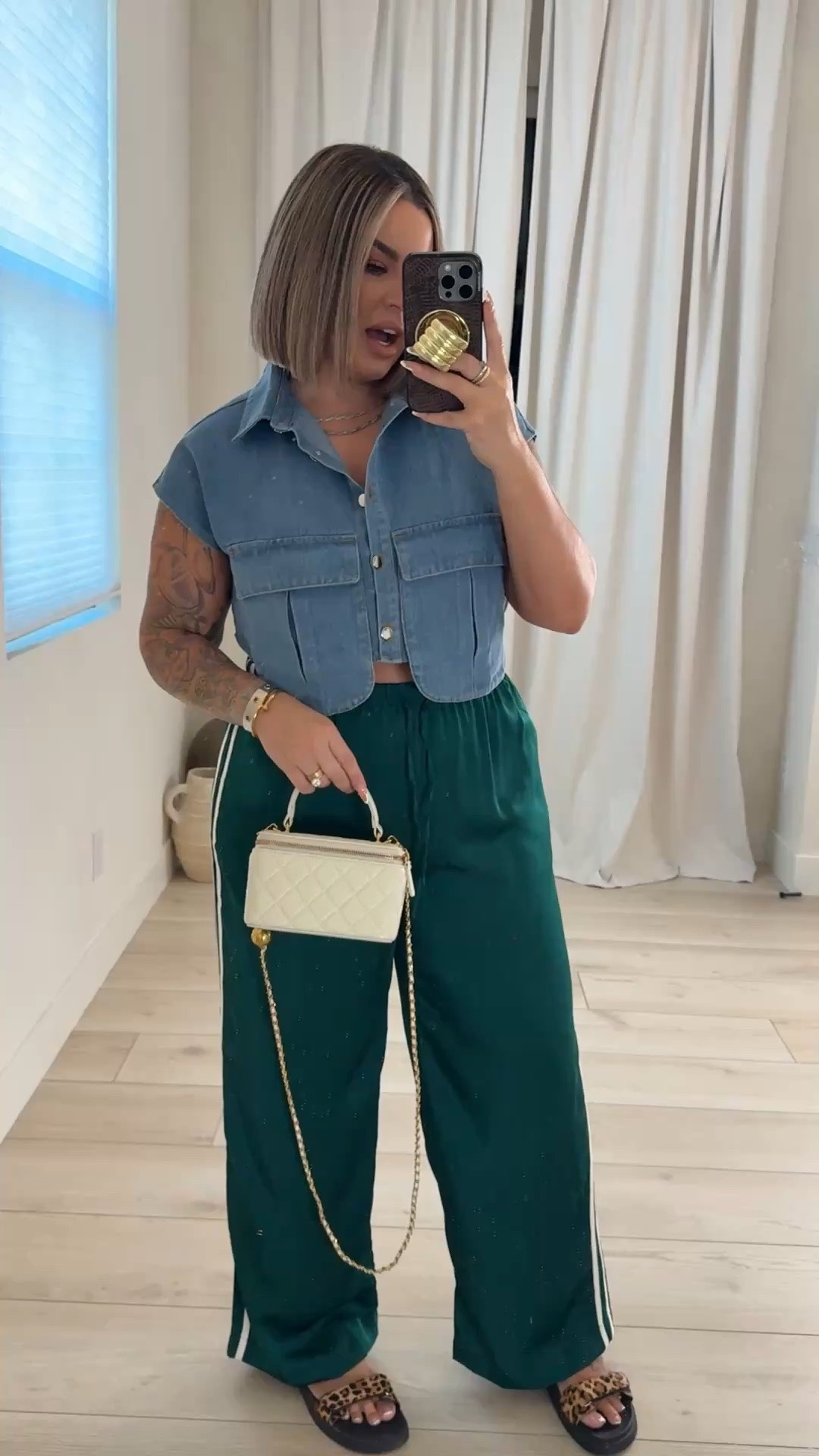 Top xl 
Pants L reg selling out FAST in the green but they have other colors. 
Sandals are old linked similar