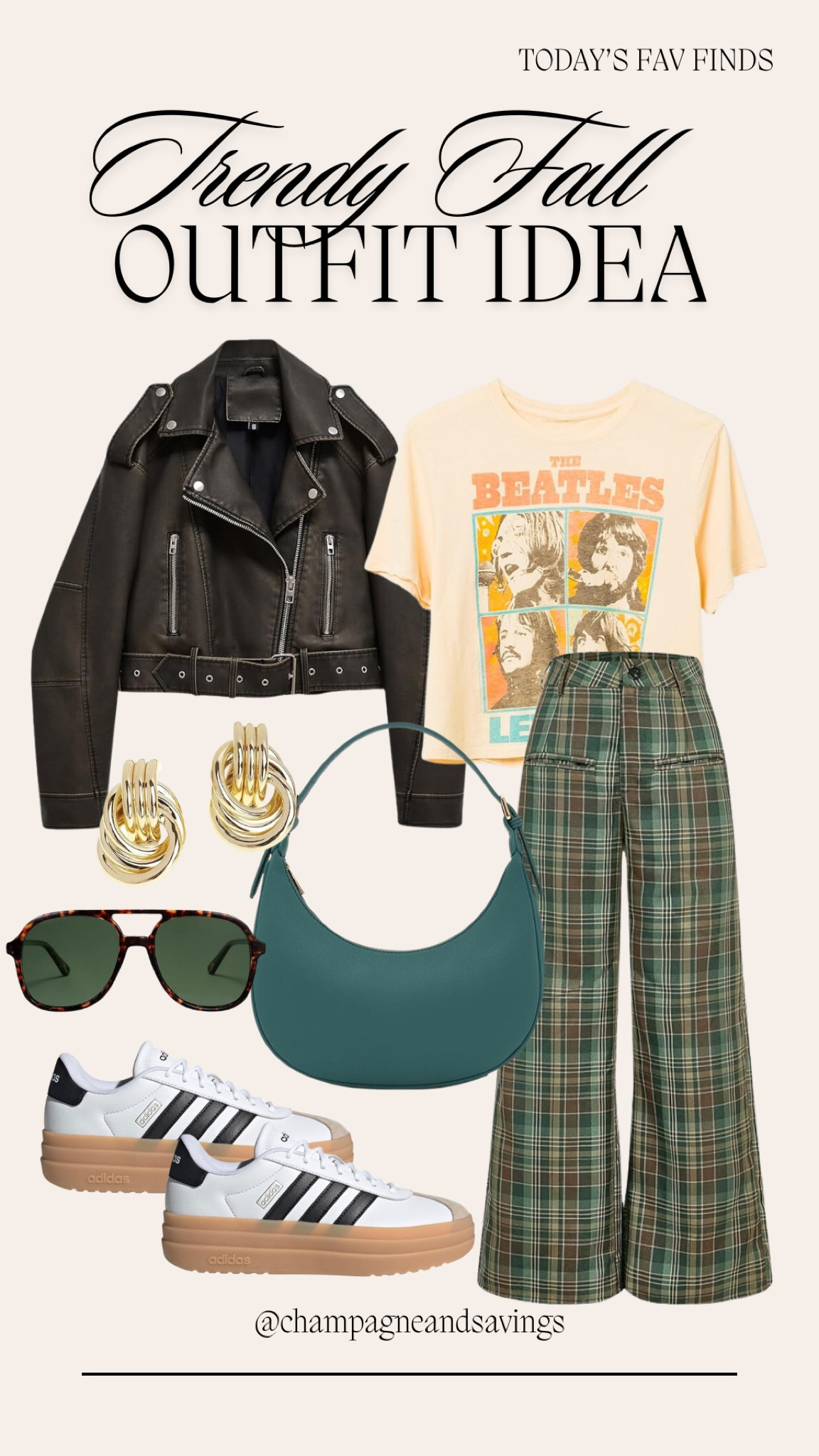 How to style a leather jacket outfit for Fall! This women’s autumn outfit idea is so chic! Perfect if you’re also wondering how to style plaid pants or how to style a graphic tee. Paired with adidas sambas and a green leather bag, the perfect women’s style finds. 

#LTKStyleTip #LTKSeasonal #LTKFindsUnder50