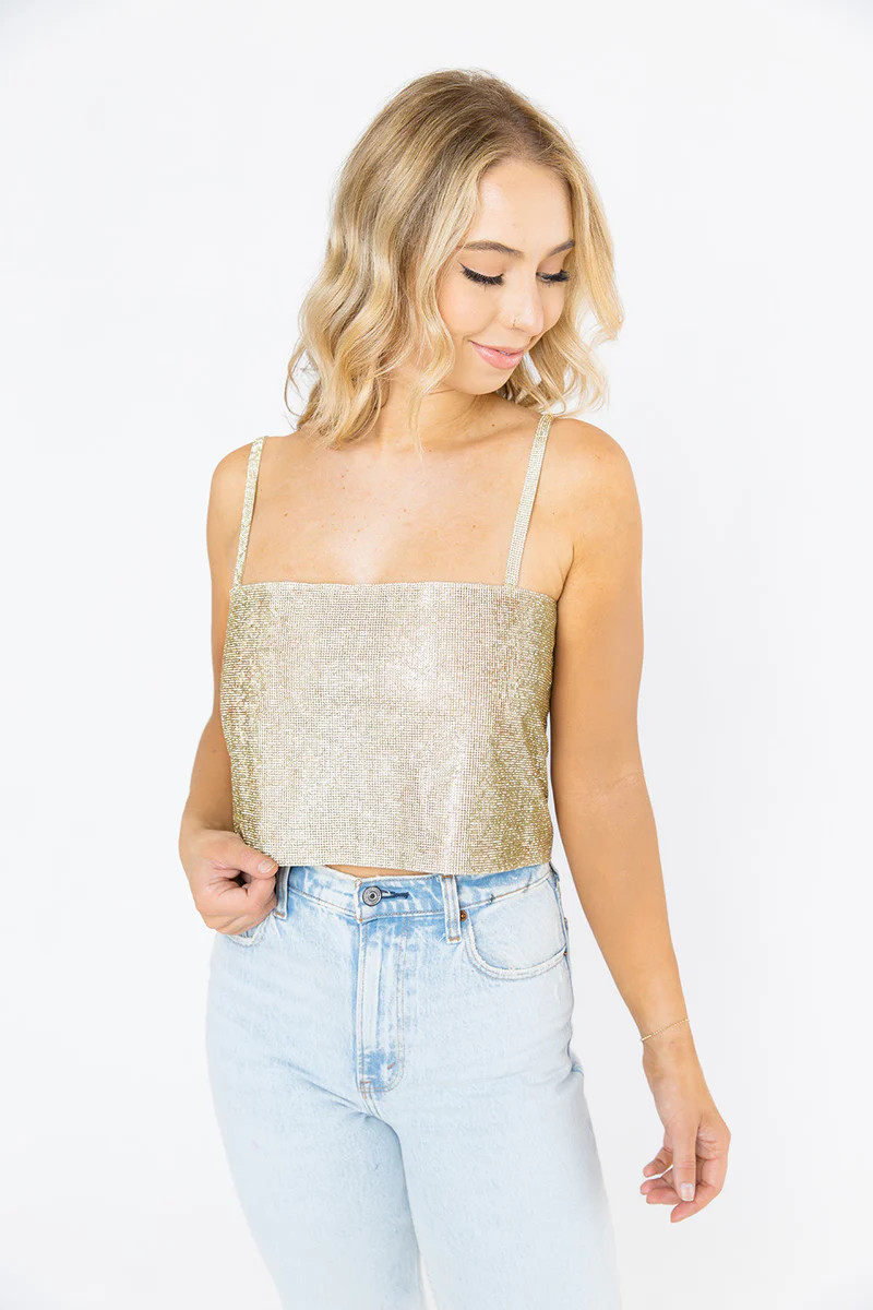 BuddyLove | Girly Girl Rhinestone Crop Top | Gold | BuddyLove