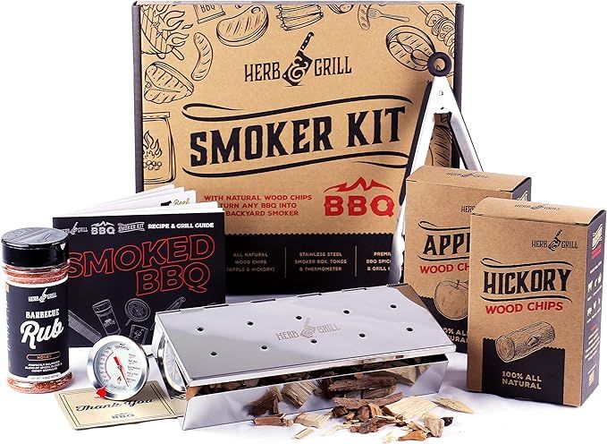 Amazon.com: Herb & Grill 8 Piece BBQ Cooking Gift Set for Dad | Smoking Wood Chip Smoker Box with... | Amazon (US)