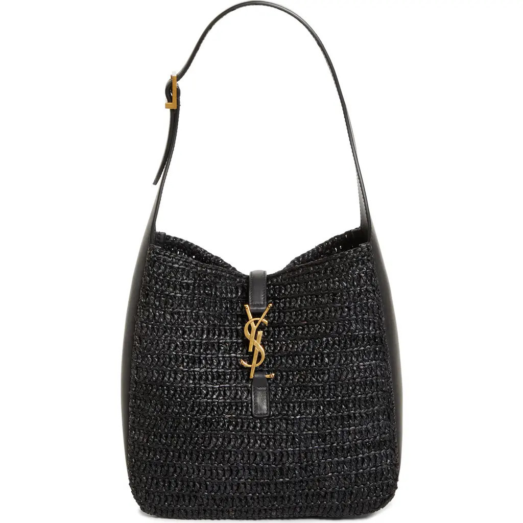 Saint Laurent Small Le 5 À 7 Woven Raffia Hobo Bag in Noir at Nordstrom | Nordstrom