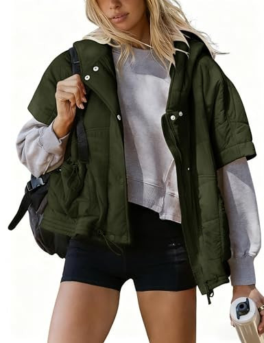 Zhiyouni Women's Quilted Puffer Vest Casual Hooded Short Sleeves Padded Jacket Poncho Outerwear(ArmyGreen-M) | Amazon (US)