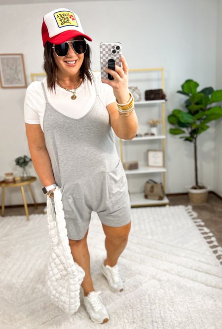 My favorite casual romper from Amazon, I had to grab it in another color!  Love this client gray color for summer!  Wearing an xl and has adjustable straps!  XL ribbed tee. Sneakers run tts. Love the colors on this hat and it’s adjustable in the back! 

#LTKSeasonal #LTKMidsize #LTKFindsUnder50
