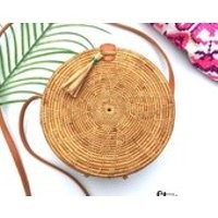 Bali Ata Round Bag w/ Custom Raffia  Gold Tassel, Rattan Crossbody Canteen Purse, Wicker Straw Basket Bag, Red White Blue Patriotic Bag | Etsy (US)