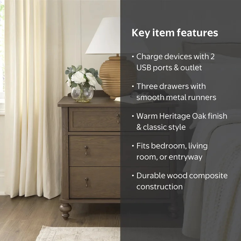 My Texas House Hartwell 3-Drawer Nightstand with USB and Outlet, Heritage Oak | Walmart (US)