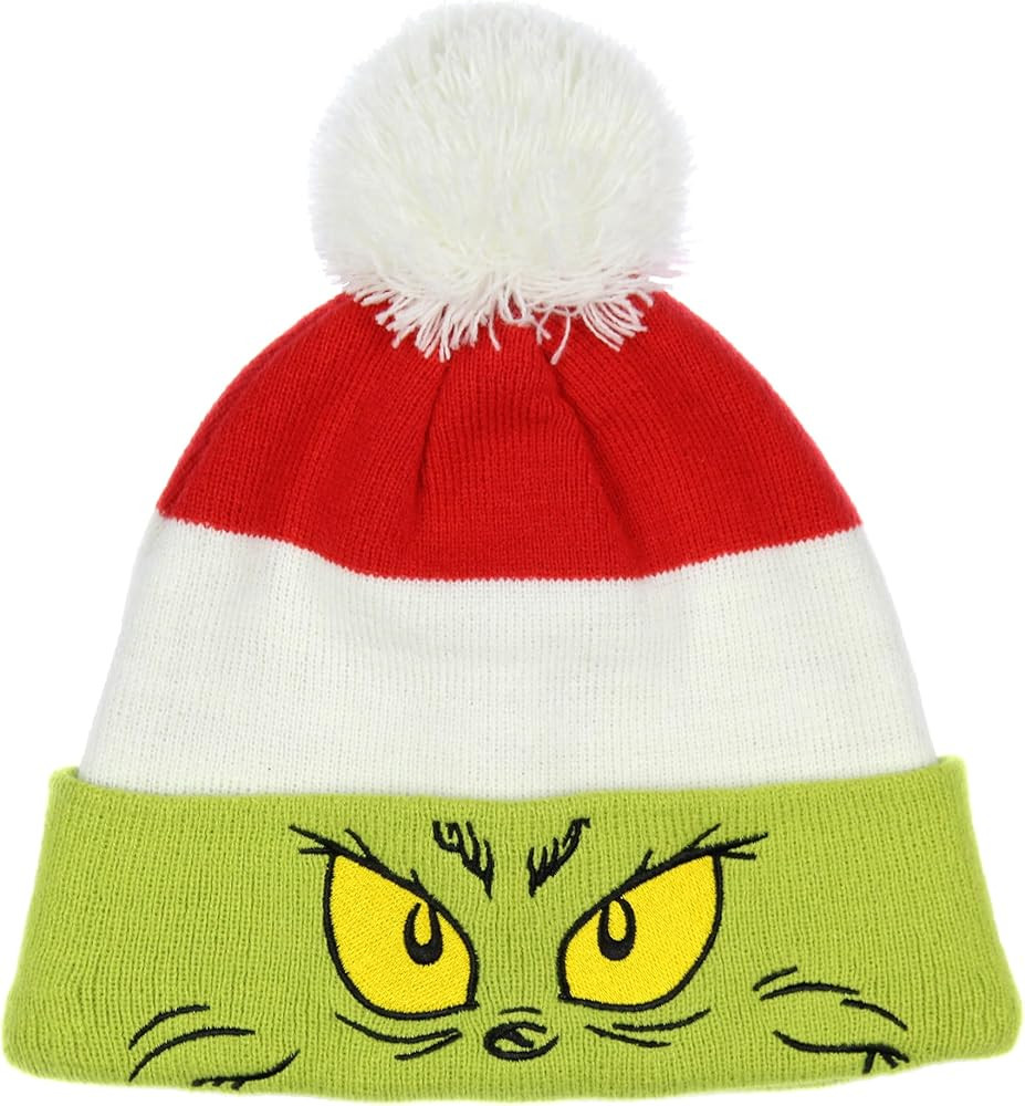 Dr. Seuss Grinch Embroidered Face Color Block Pom Fold Cuff Adult Knit Beanie Multicolored | Amazon (US)