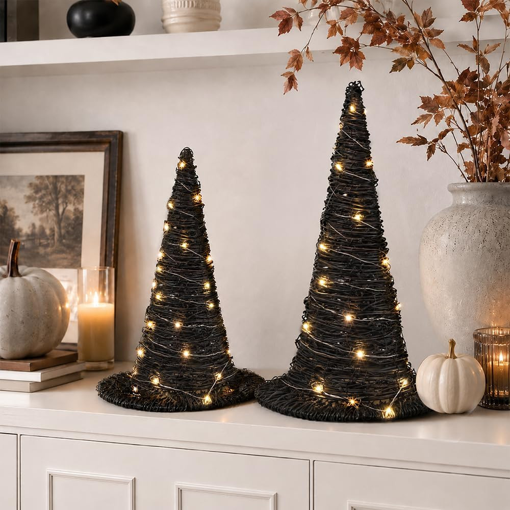 2Pcs Halloween Rattan Witch Hat Table Decor with String Light Party Supplie | Amazon (US)