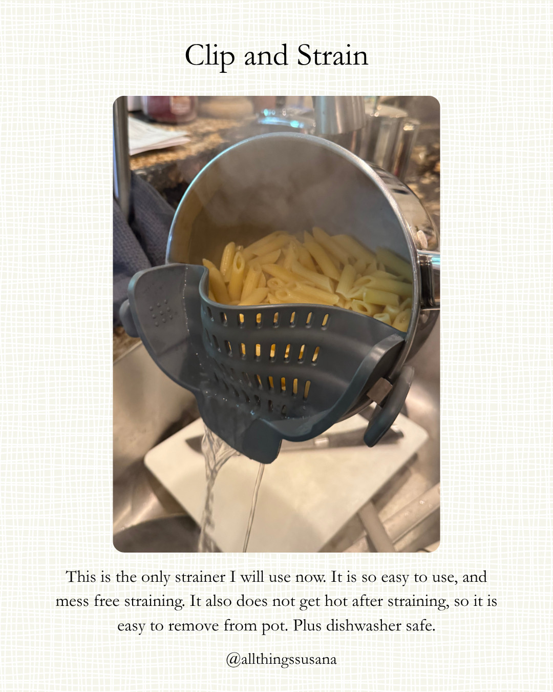 This is the only strainer I will use now. It is so easy to use, and mess free straining. It also does not get hot after straining, so it is easy to remove from pot. Plus dishwasher safe. 

 #LTKHome