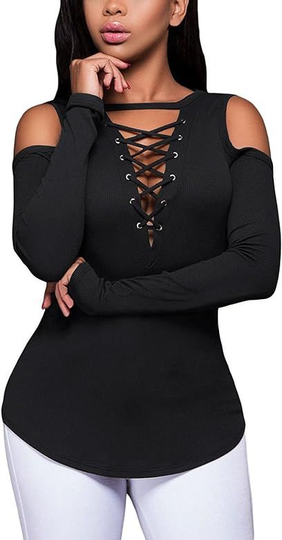 Women's Sexy Cold Shoulder Blouses Lace-up Ribbed Tops Casual T-Shirts | Amazon (US)