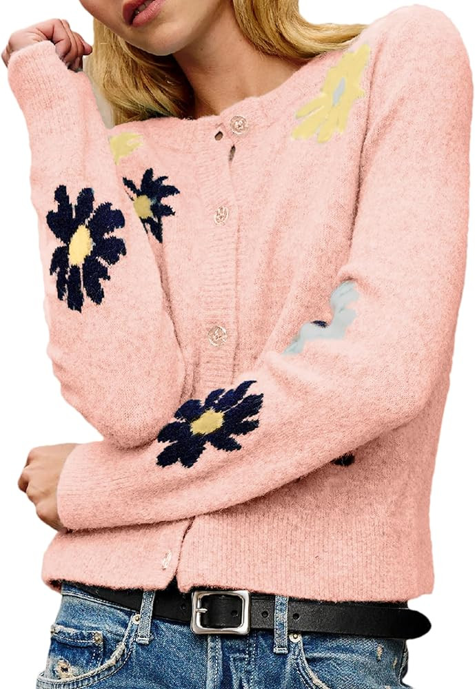 Cardigan Sweaters for Women Cropped Button Down Sweater Long Sleeve Crew Neck Knit Floral Print O... | Amazon (US)