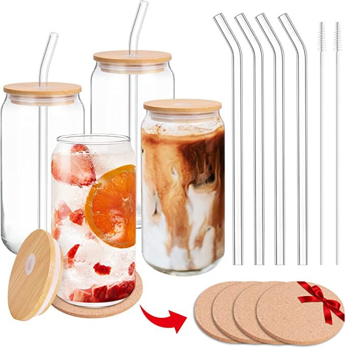 Drinking Glass Cups with Bamboo Lids and Glass Straws,Clear Beer Glasses,Iced Coffee Cups,16oz Ca... | Amazon (US)