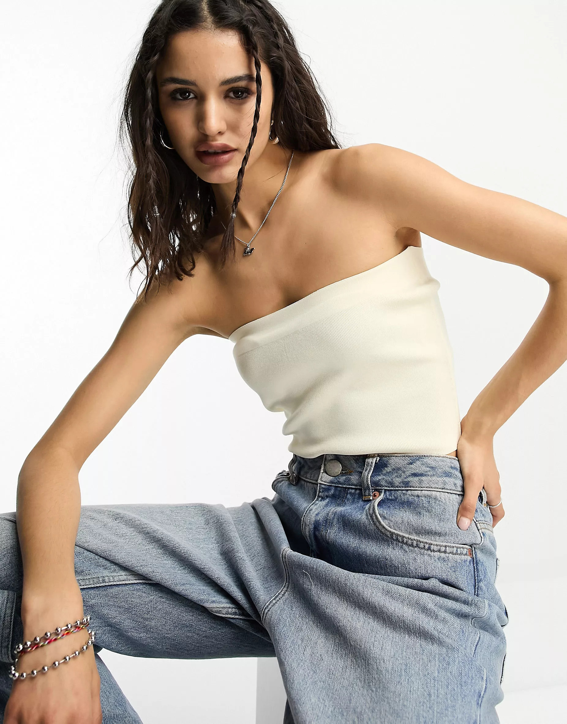 ASOS DESIGN knitted bandeau crop top in stone | ASOS (Global)