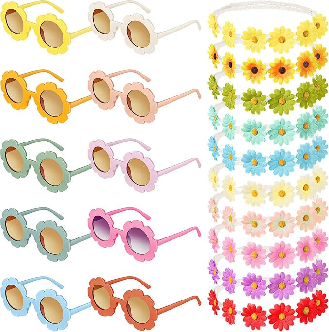 20 Pcs Retro Flower Sunglasses Hippie Headbands Set Includes 10 Round Party Sunglasses Groovy Gla... | Amazon (US)