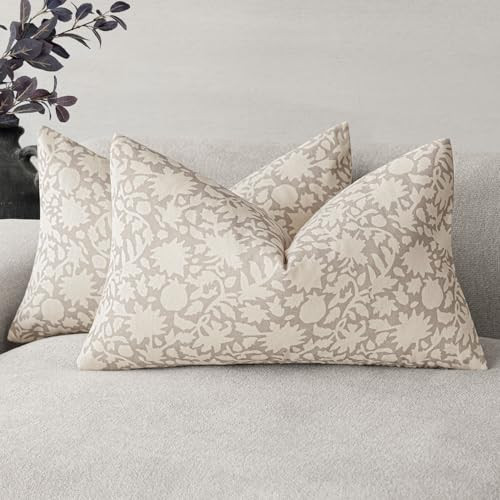 Foindtower Set of 2 Decorative Neutral Floral Throw Pillow Covers Accent Farmhouse Cushion Covers Boho Lumbar Pillowcase for Couch Sofa Bedroom Living Room Home Decor,12×20 Inch,Ivory Beige | Amazon (US)