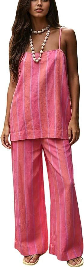 Linen Sets for Women 2 Piece Summer Striped Spaghetti Strap Cami Top Wide Leg Pants Lounge Set Be... | Amazon (US)