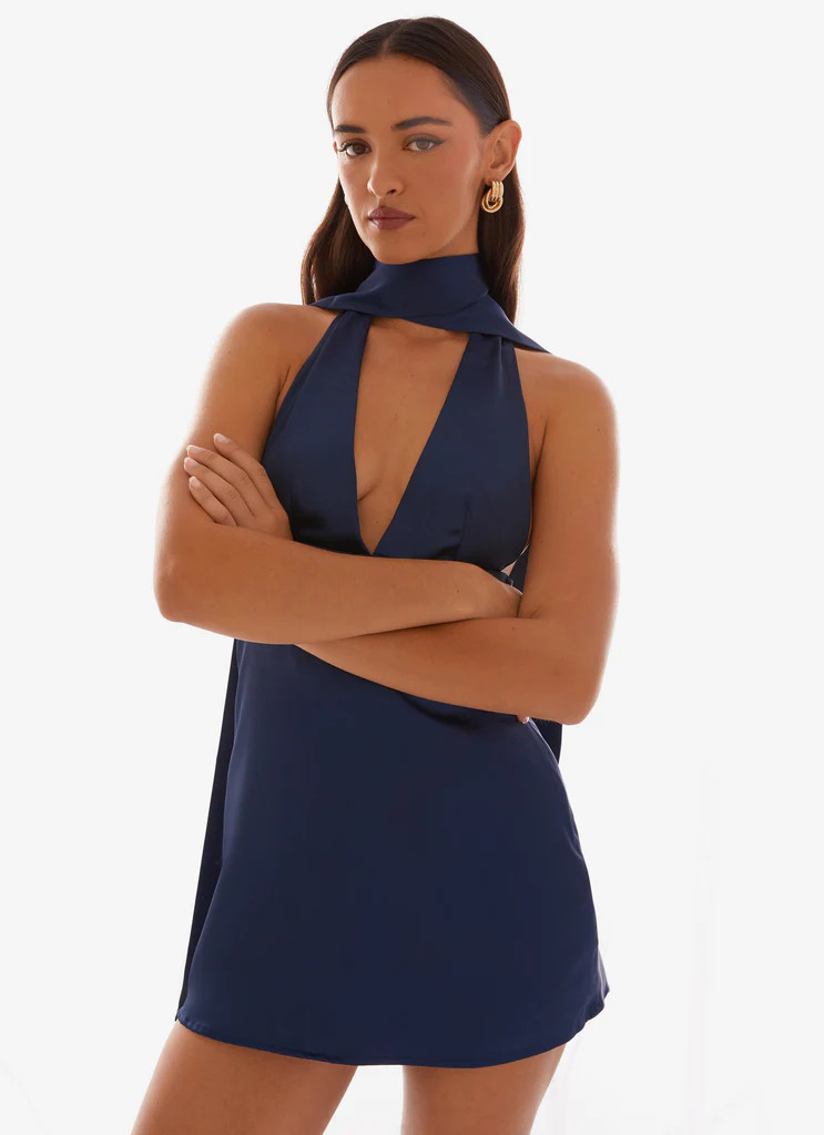 Alicia Satin Halter Mini Dress - Navy | Peppermayo (Global)
