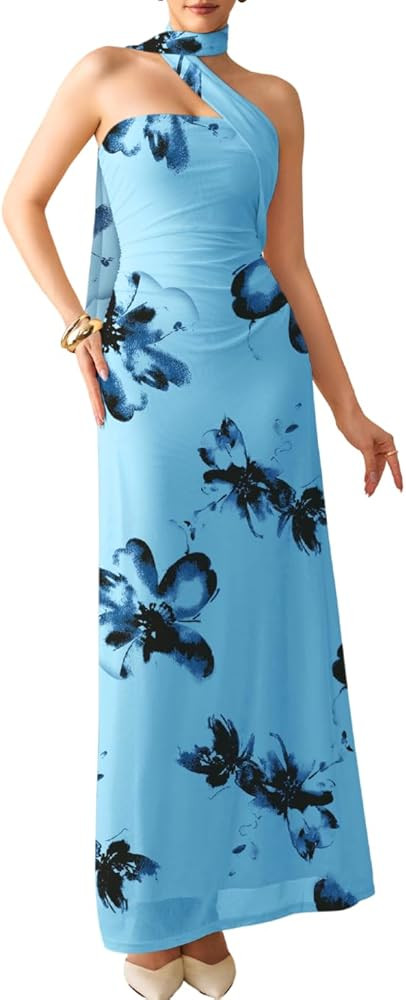 ChiaoLezhee Halter Scarf Dress for Women, Floor Length Bodycon, Elegant Wedding Guest, Floral Sem... | Amazon (US)