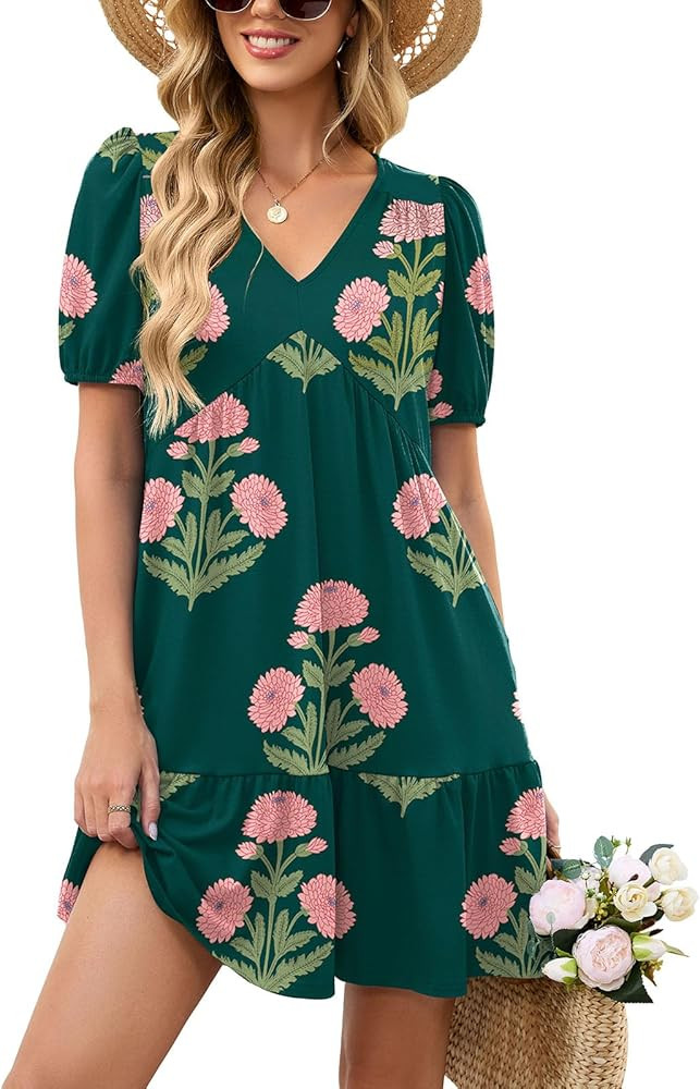 Naggoo Womens Summer Dresses Casual Beach V Neck Short Puff Sleeve Empire Wasit Ruffle Swing Mini... | Amazon (US)