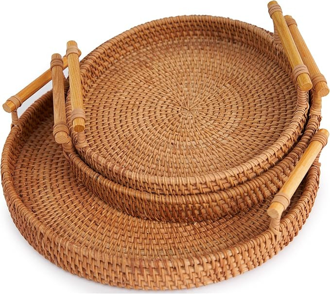 T'Furni Set of 3 Rattan Hand-Woven Wicker Trays | Round Serving Basket - Serving Tray with Handle... | Amazon (US)