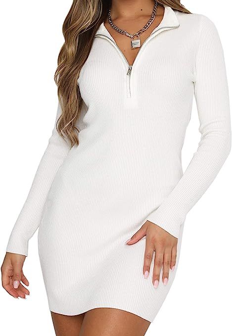 just quella Women Long Sleeve Knit Ribbed Bodycon Mini Sweater Dress | Amazon (US)