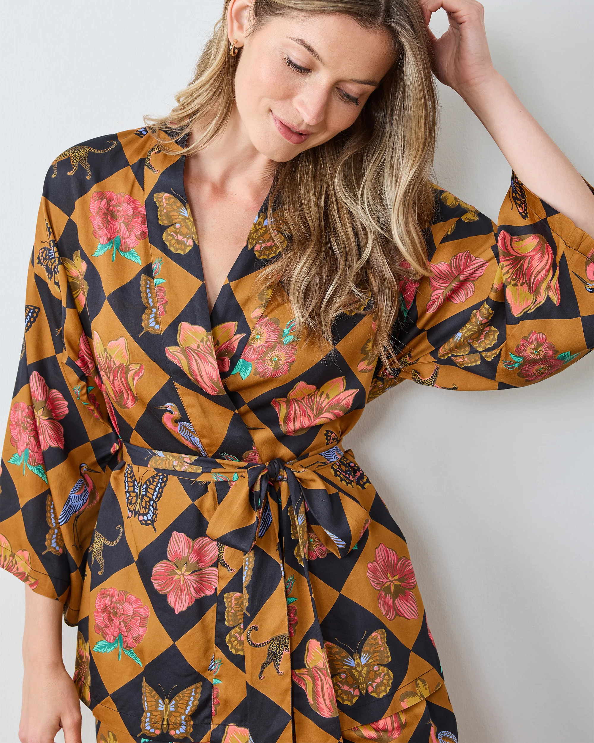 Botanical Checkerboard - Eco Satin Wrap PJ Set - Caramel | Printfresh