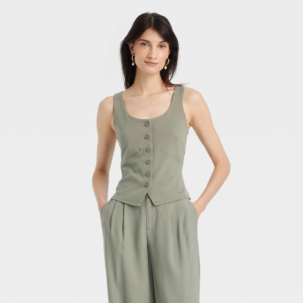 Women's Button-Front Tank Vest - A New Day™ Olive XS | Target