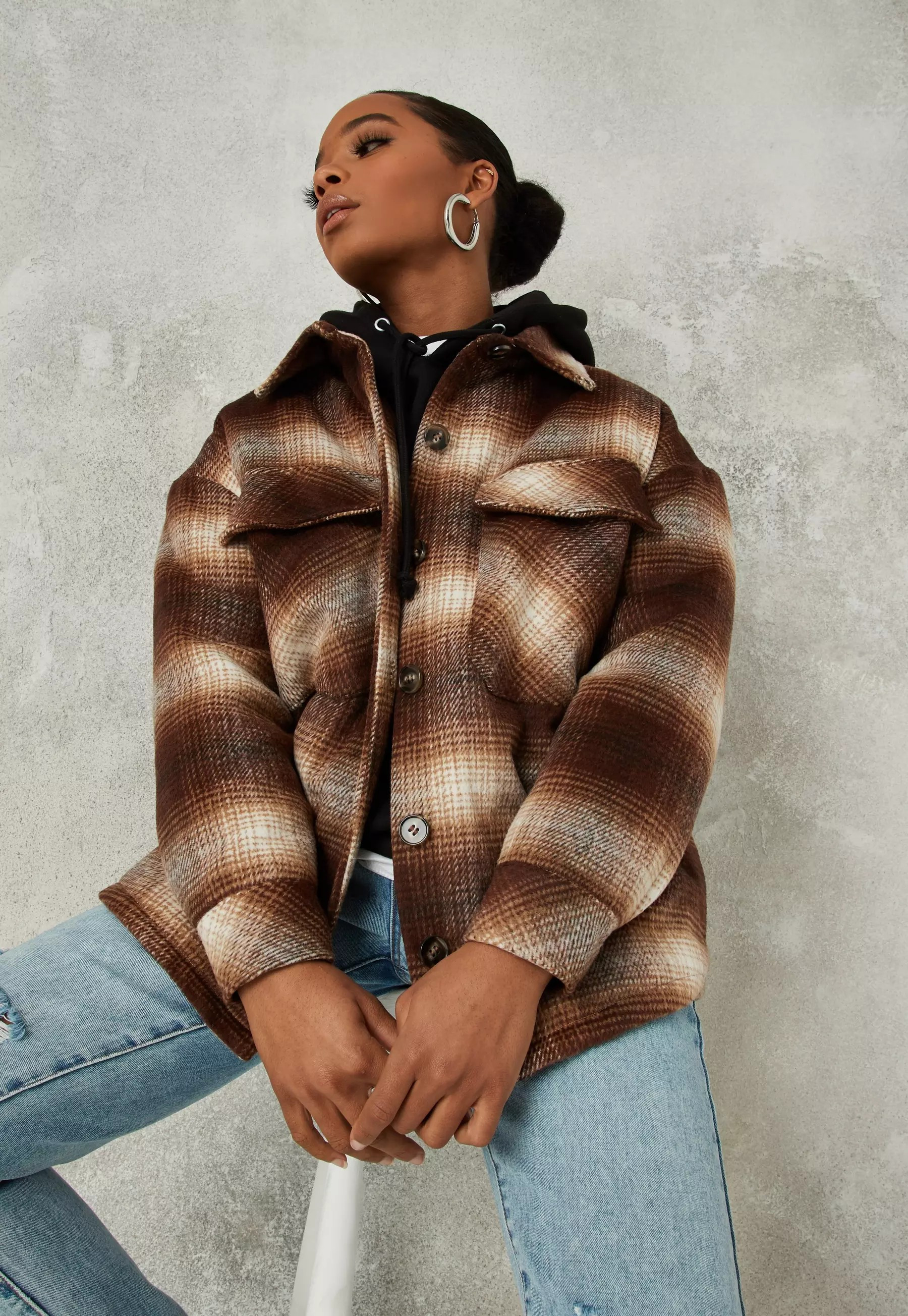 Missguided - Petite Brown Brushed Plaid Shacket | Missguided (US & CA)
