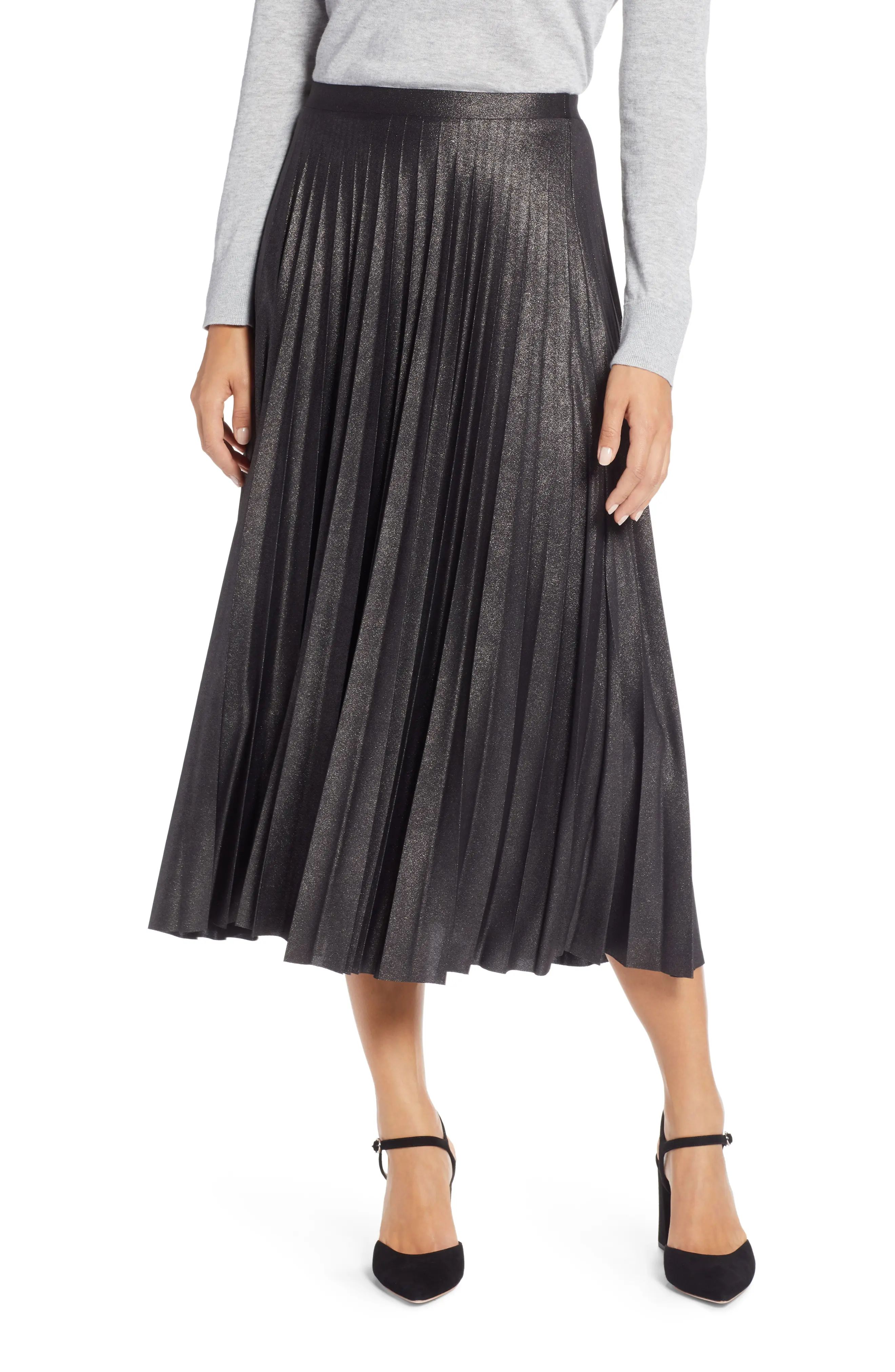 Women's Halogen Metallic Pleat Midi Skirt, Size XX-Large - Black | Nordstrom