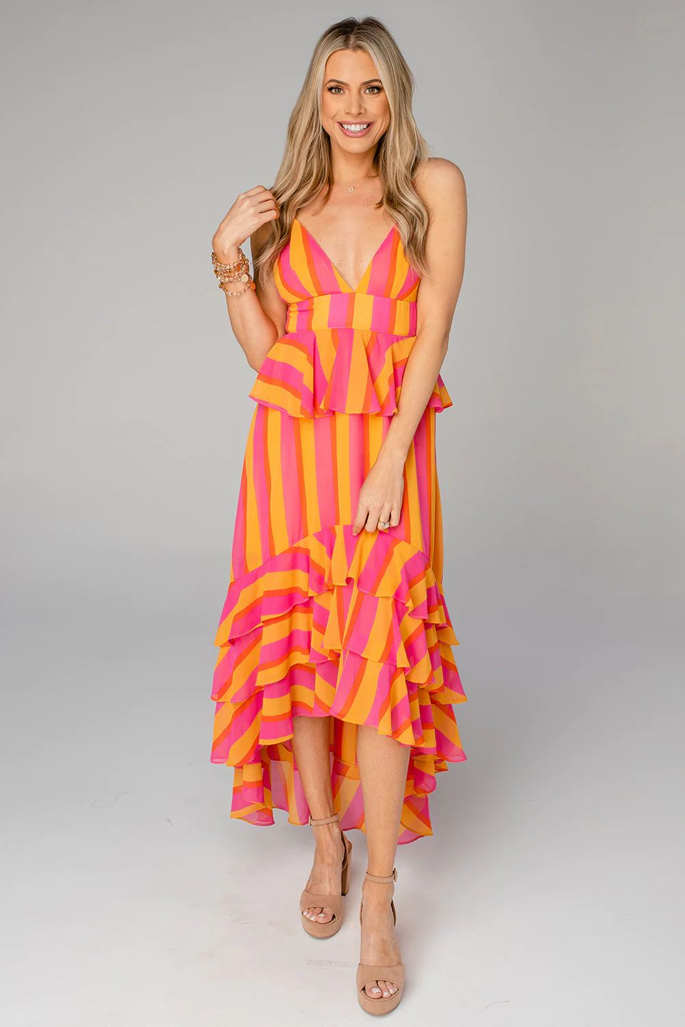 Georgia Ruffled Tiered Sleeveless High-Low Dress - Fruity Pebbles | BuddyLove