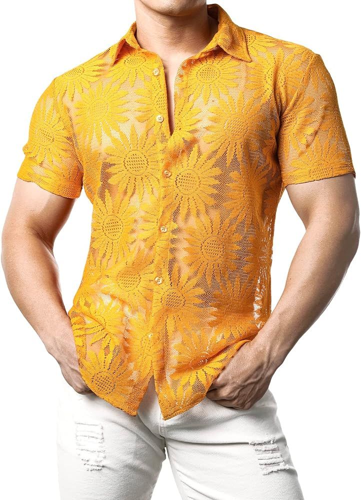 JOGAL Mens Floral Lace Shirt See Through Casual Button Down Shirts | Amazon (US)