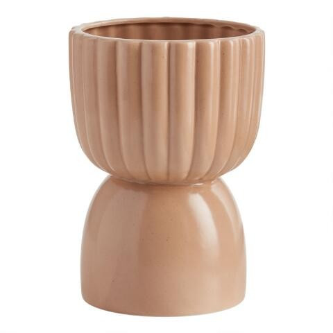 Natural Ribbed Ceramic Pedestal Planter | World Market