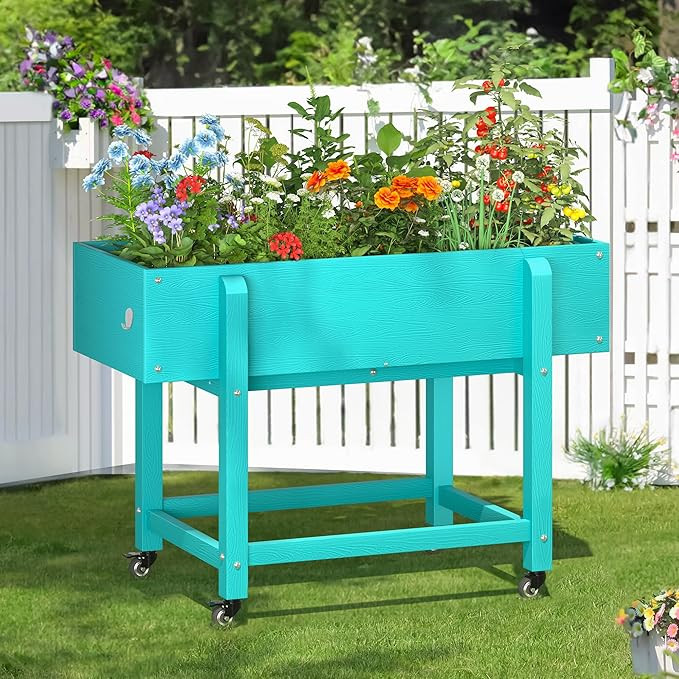 LUE BONA Raised Garden Bed with Wheels, 39.4 * 16.7 * 28 in, Poly Elevated Outdoor Planter Box wi... | Amazon (US)
