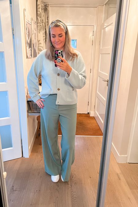 Ootd - turquoise soufflé knit cardigan paired with teal wide legged trousers (Zara, ly, xl), white Puma sneakers and basic white tee t-shirt. 

#LTKover40 #LTKworkwear #LTKeurope