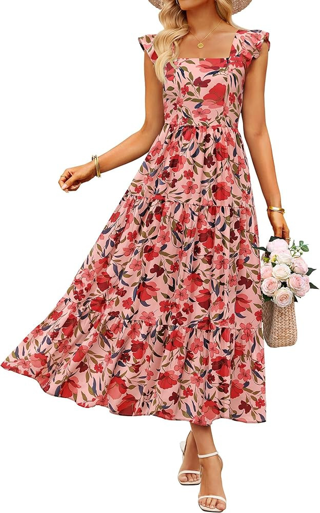 ZESICA Women's Summer Boho Floral Midi Dress 2026 Casual Ruffle Cap Sleeve Beach Wedding Guest Fl... | Amazon (US)