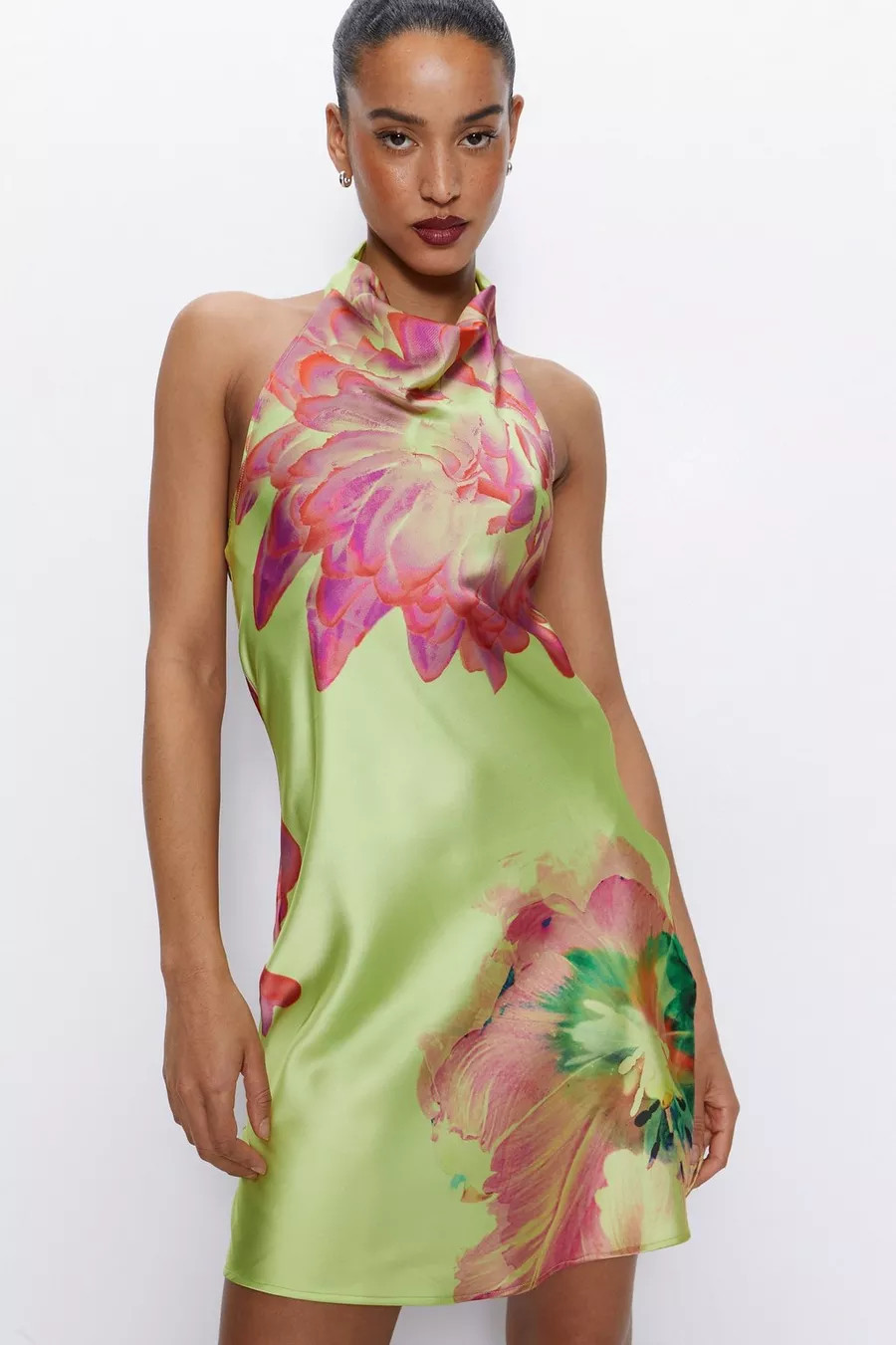 Petite Graphic Floral Halterneck Satin Mini Dress | Nasty Gal UK (+IE)